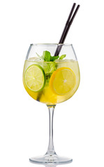Alcohol cocktail with fresh mint and fruits isolated