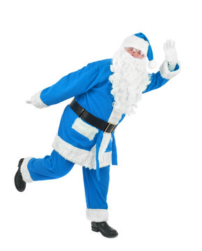 Funny blue santa waves hand