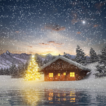 Alm H&uuml;tte und Christbaum im Schneefall