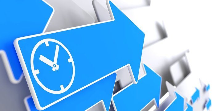 Icon of Clock Face on Blue Arrow.