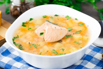 Healthy fish soup made of salmon