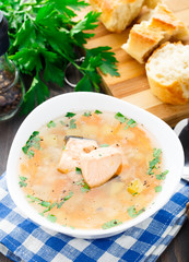 Healthy fish soup made of salmon