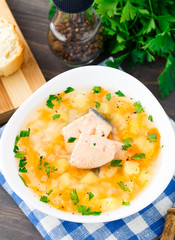 Healthy fish soup made of salmon