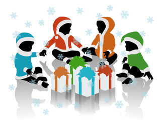 babies in santa clothes seated in a circle around their gifts