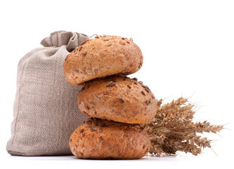 Meal sack, bread rolls and ears bunch still life  cutout
