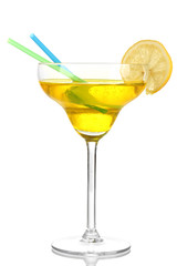 Yellow cocktail in glass isolated on white