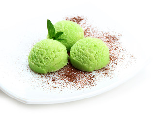 Delicious ice cream on plate isolated on white