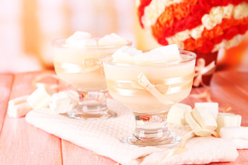 Tasty yogurt with marshmallows, close up