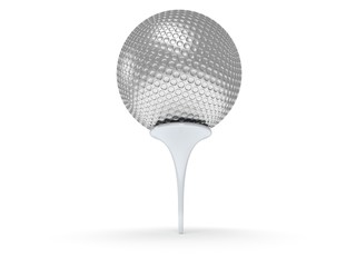 Silver golf ball on tee isolated on white. 3d.