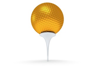 Gold golf ball on tee isolated on white. 3d.