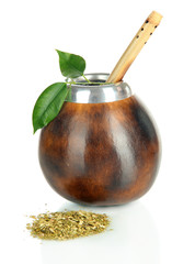 Calabash and bombilla with yerba mate isolated on white