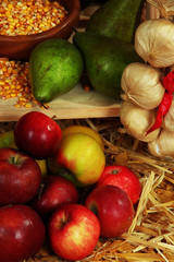 Pears on shelf and apples on straw close up