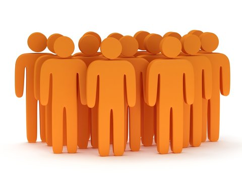 Group of stylized orange people stand on white