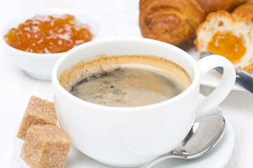cup of black coffee, fresh croissants and jam