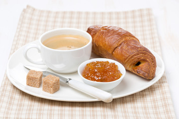 Fresh coffee, jam and croissant, selective focus