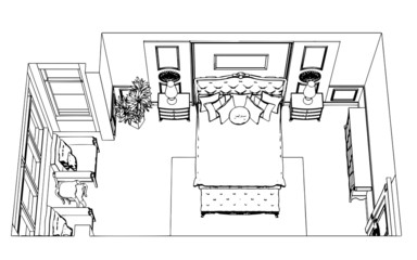 Classic bedroom interior designed in black and white graphics 