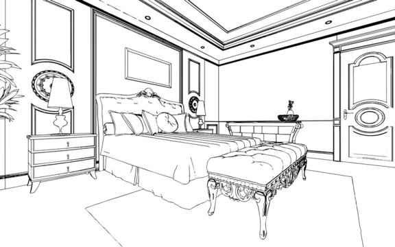 Classic bedroom interior designed in black and white graphics 