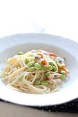 Italian food, soy bean and clam spaghetti
