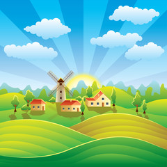 Obraz na płótnie Canvas Rural landscape with houses and summer fields