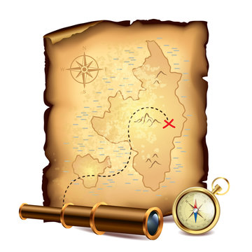 Pirates treasure map with spyglass and compass