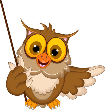 cute owl cartoon holding stick