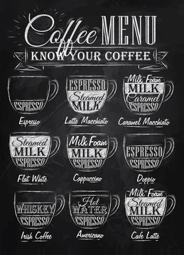 Set of coffee menu with a cups of coffee chalk