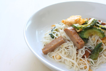 Okinawa food, bitter melon and luncheon meat stir fried