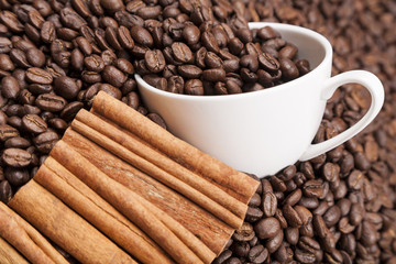 White cup om heap of coffee beans horisontal