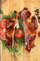 Whole roasted chicken with fresh vegetables
