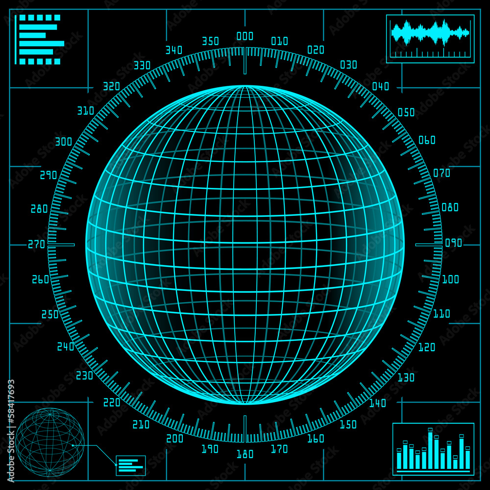 Poster radar screen. digital globe with scale.