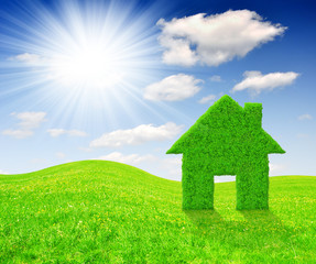 Green house symbol on meadow