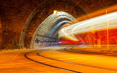  tram drives in the tunnel at night, long endurance