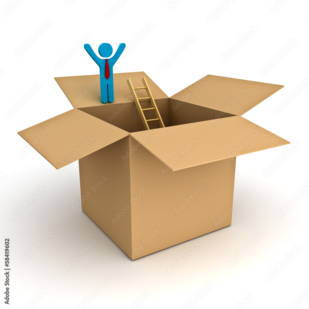 Poster business man standing with arms wide open on top of opened box