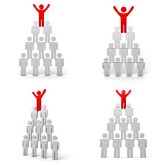 Leadership Red man standing arms wide open up on top of pyramid