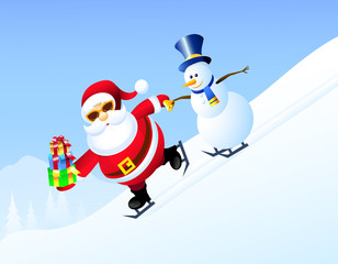 Santa Claus & Snowman ice skating - Vector