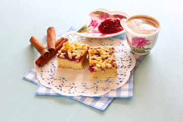 cherry cake, coffee cup and jam