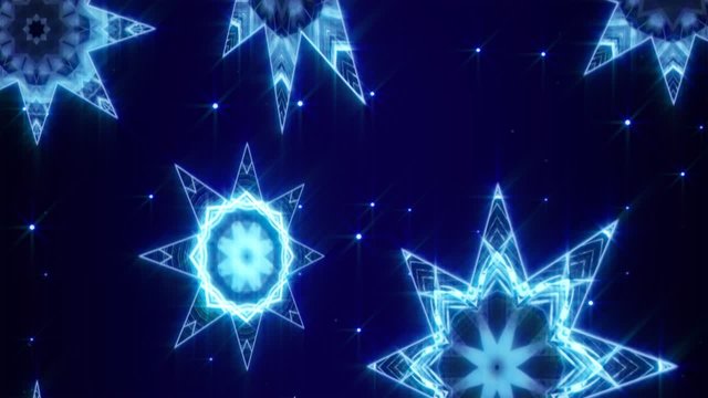 Beleuchtete animierte Weihnachtssterne blau vor dunklem Hintergrund