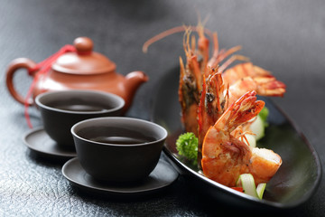 Pan fried tiger prawn with curl cucumber
