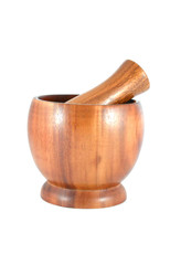 Large wooden mortar and pestle on white background.