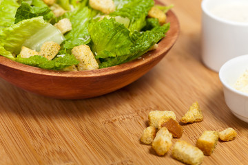 Closeup of a Classic Caesar Salad with croutons