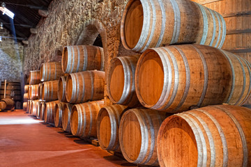 cellar with wine barrels 
