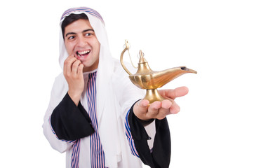 Arab man with lamp isolated on white