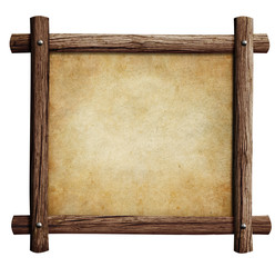 old wooden frame with paper or parchment background isolated on