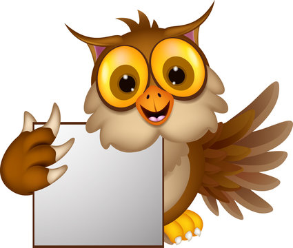 cute owl cartoon holding blank sign