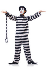 Funny man with facemask mask with shackles on white