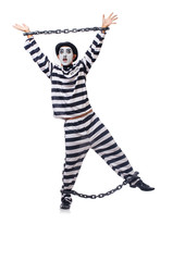 Funny man with facemask mask with shackles on white