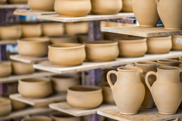 Shelves with ceramic dishware
