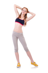 Young woman doing exercises on white