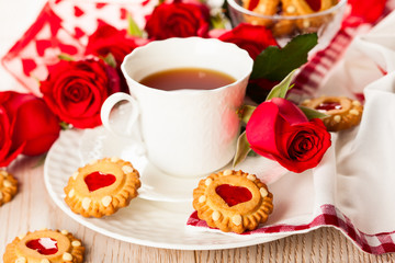 tea cup with cookies for Valentine's day