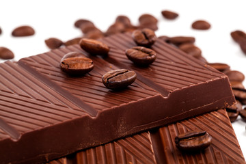 chocolate and coffee beans on white backgroun